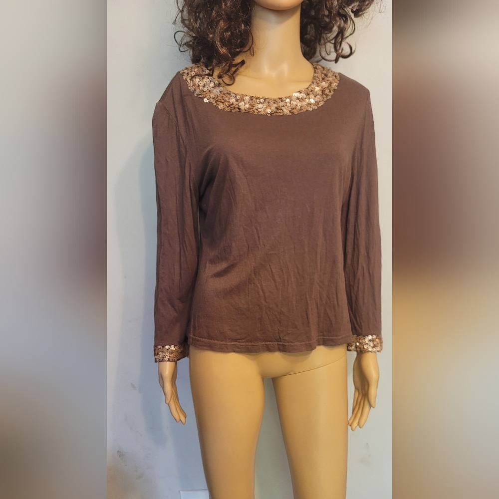 Fibers(Barbara Lesser) Brown Sequin-Trimmed Women's Top